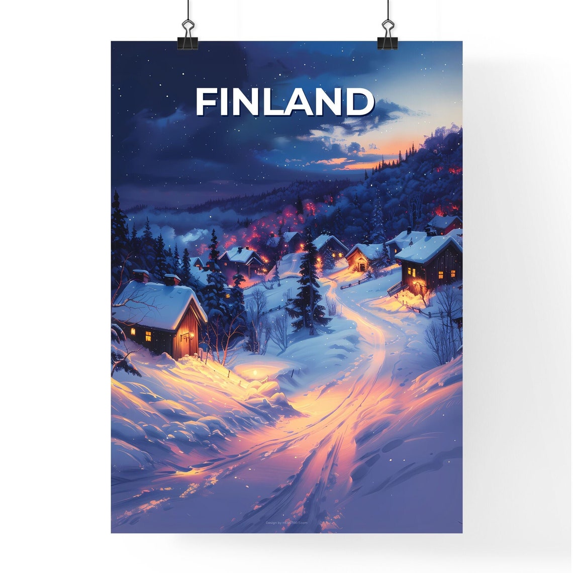 Finland Snowy Village Winter Night Glowing Cabins Art Poster - Image 4