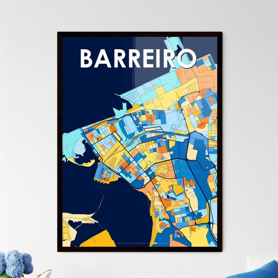 Barreiro Portugal Vibrant Geometric City Map Art Poster in Blue and Orange
