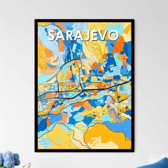 Sarajevo Colorful City Map Blue Orange Mosaic Bosnia Art Poster