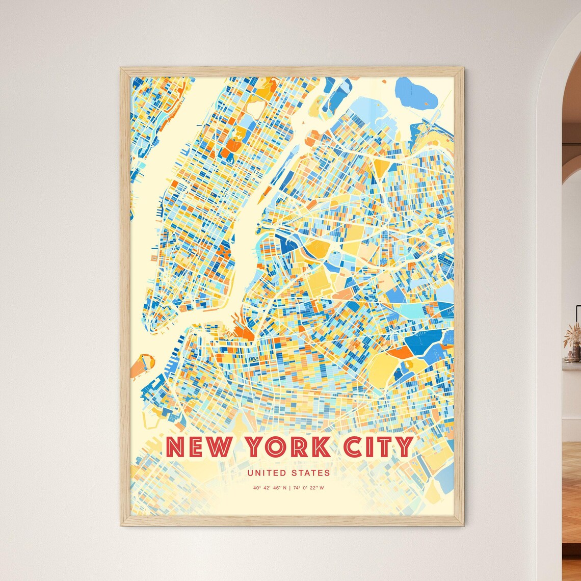 New York City Blue Orange Manhattan Street Grid Map Art Poster