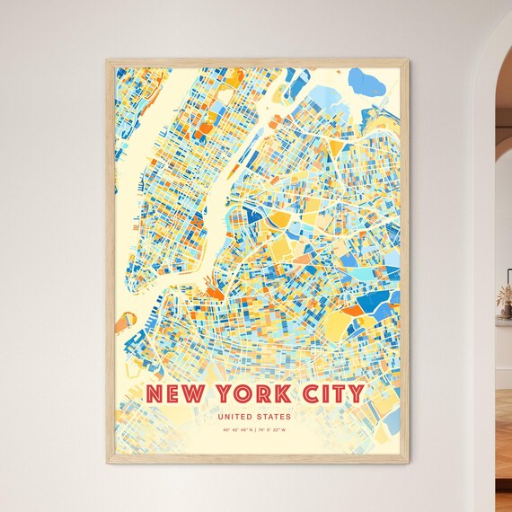 New York City Blue Orange Manhattan Street Grid Map Art Poster