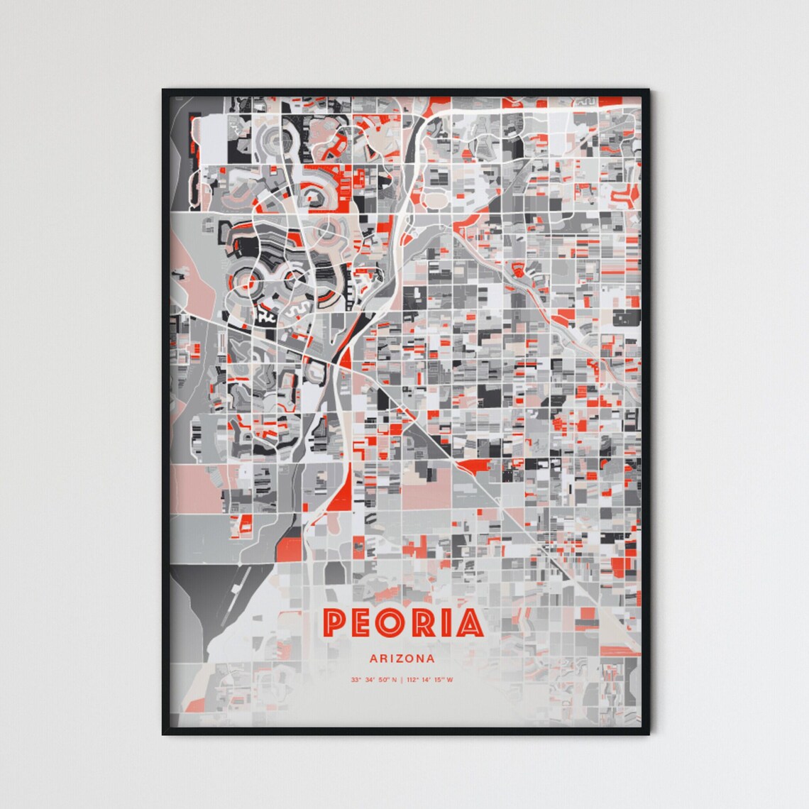 Peoria Arizona Expressive Red Abstract Modern City Map Art Poster