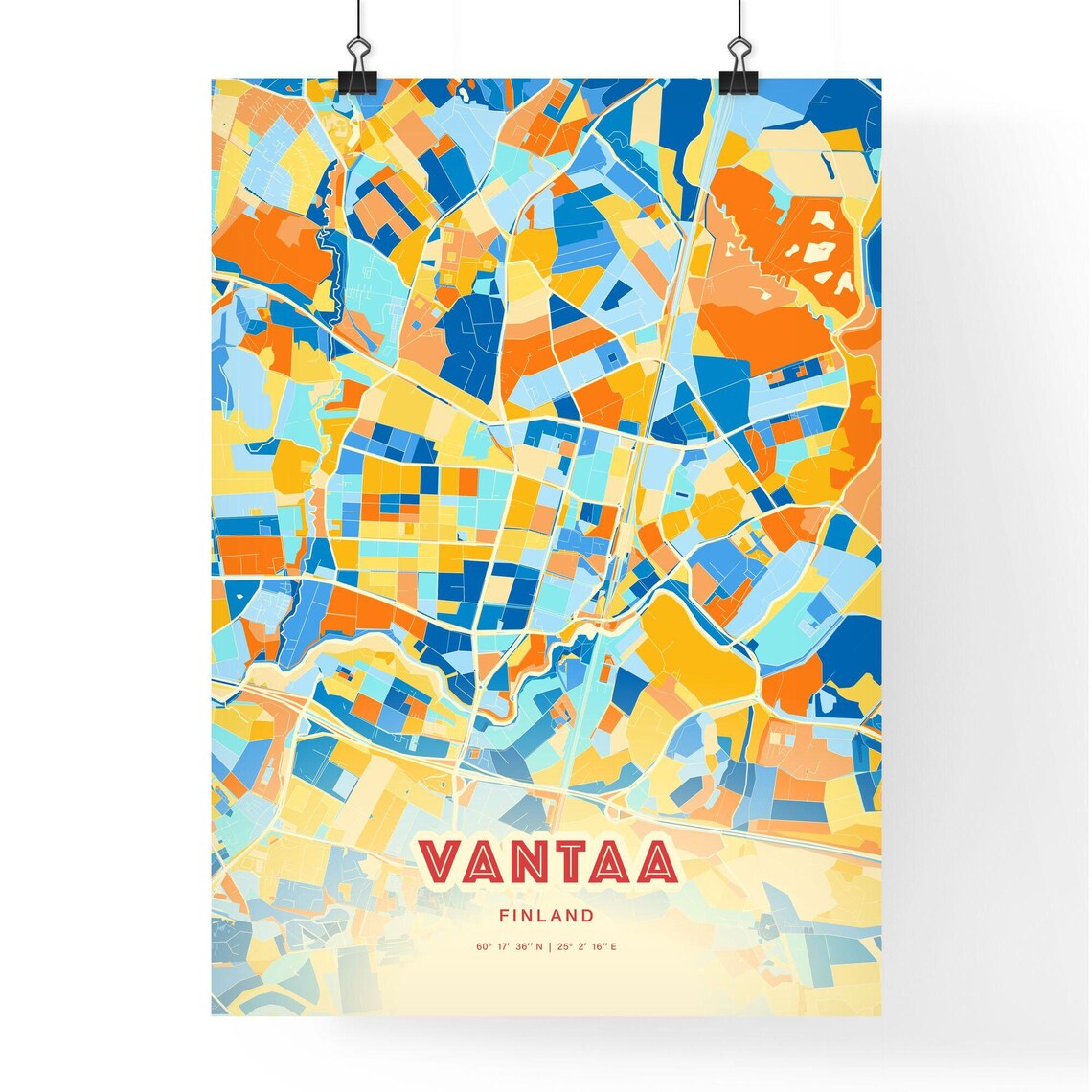 Vantaa Finland Blue Orange Colorful City Map Art Poster With Coordinates - Image 3