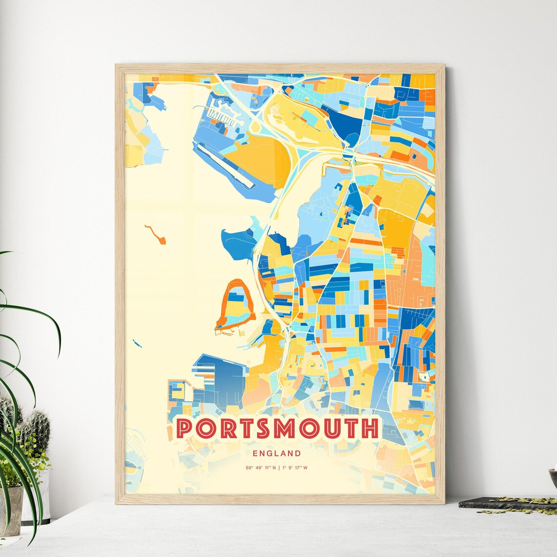Portsmouth England Blue Orange Vibrant Coastal City Map Art Poster