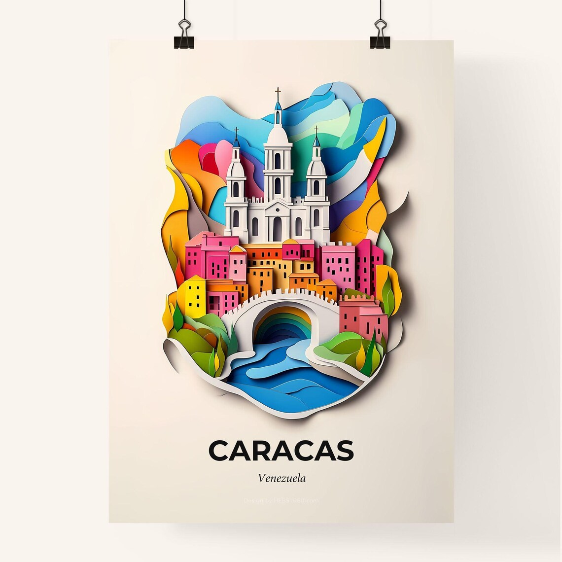 Caracas Venezuela Colorful Paper Cut Church Bridge Travel Poster - Image 4