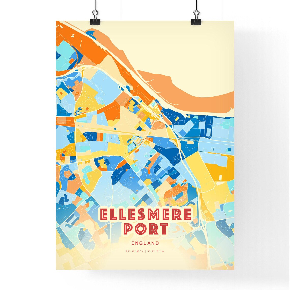 Ellesmere Port England Colorful Blue and Orange Retro City Street Map Wall Art - Image 3