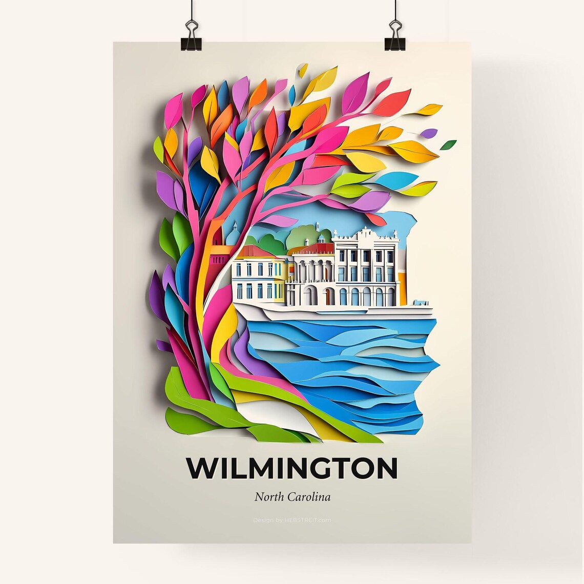 Wilmington North Carolina Waves Colorful Tree Paper Cut Poster - Image 4