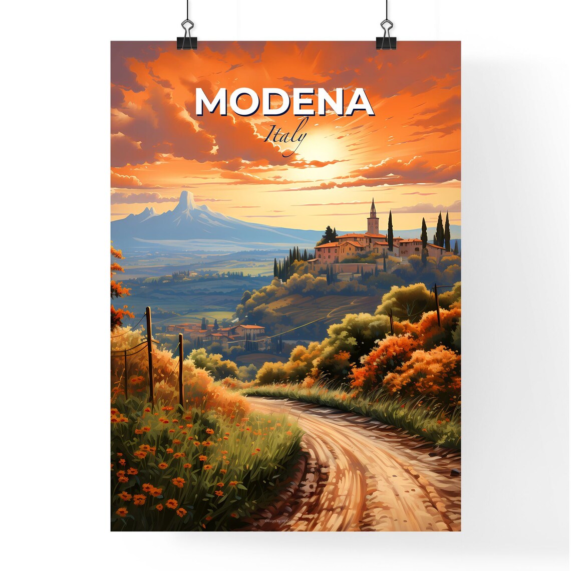 Modena Italy Hilltop Village Sunset Country Road Travel Poster - Image 4