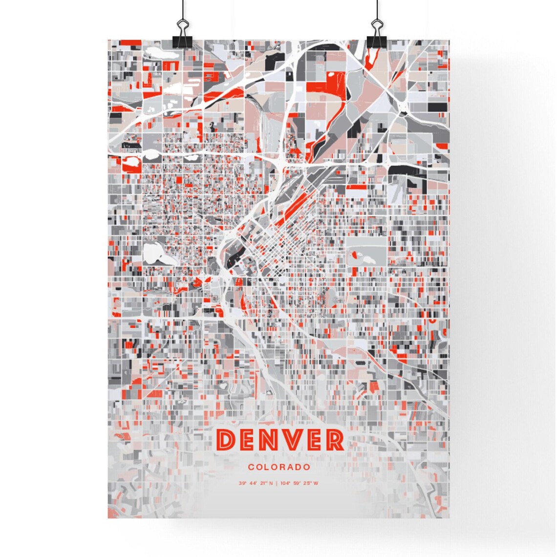 Denver Colorado Modern Red Gray Expressive City Map Poster Customizable - Image 3