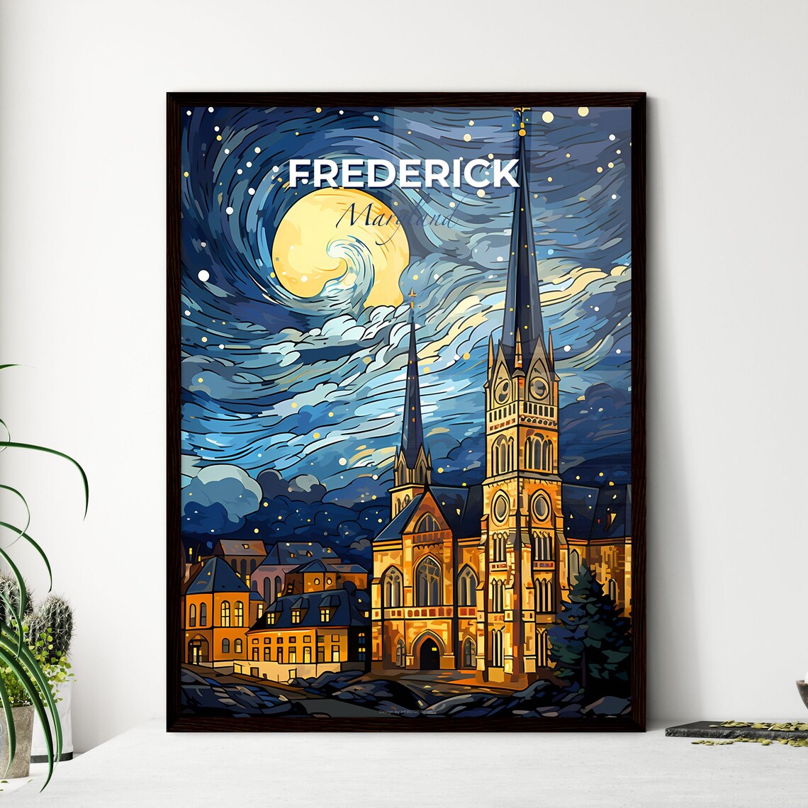 Frederick Maryland Starry Night Church Skyline Vintage Travel Poster