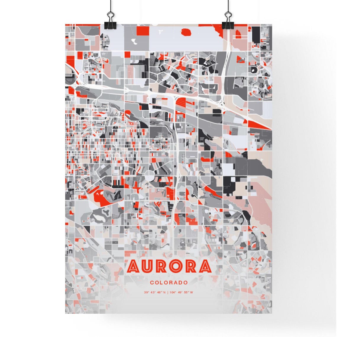 Aurora Colorado Modern Expressive Red Gray City Map Art Poster - Image 3