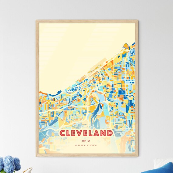 Cleveland Ohio Colorful City Map Blue Orange Blocks Art Poster