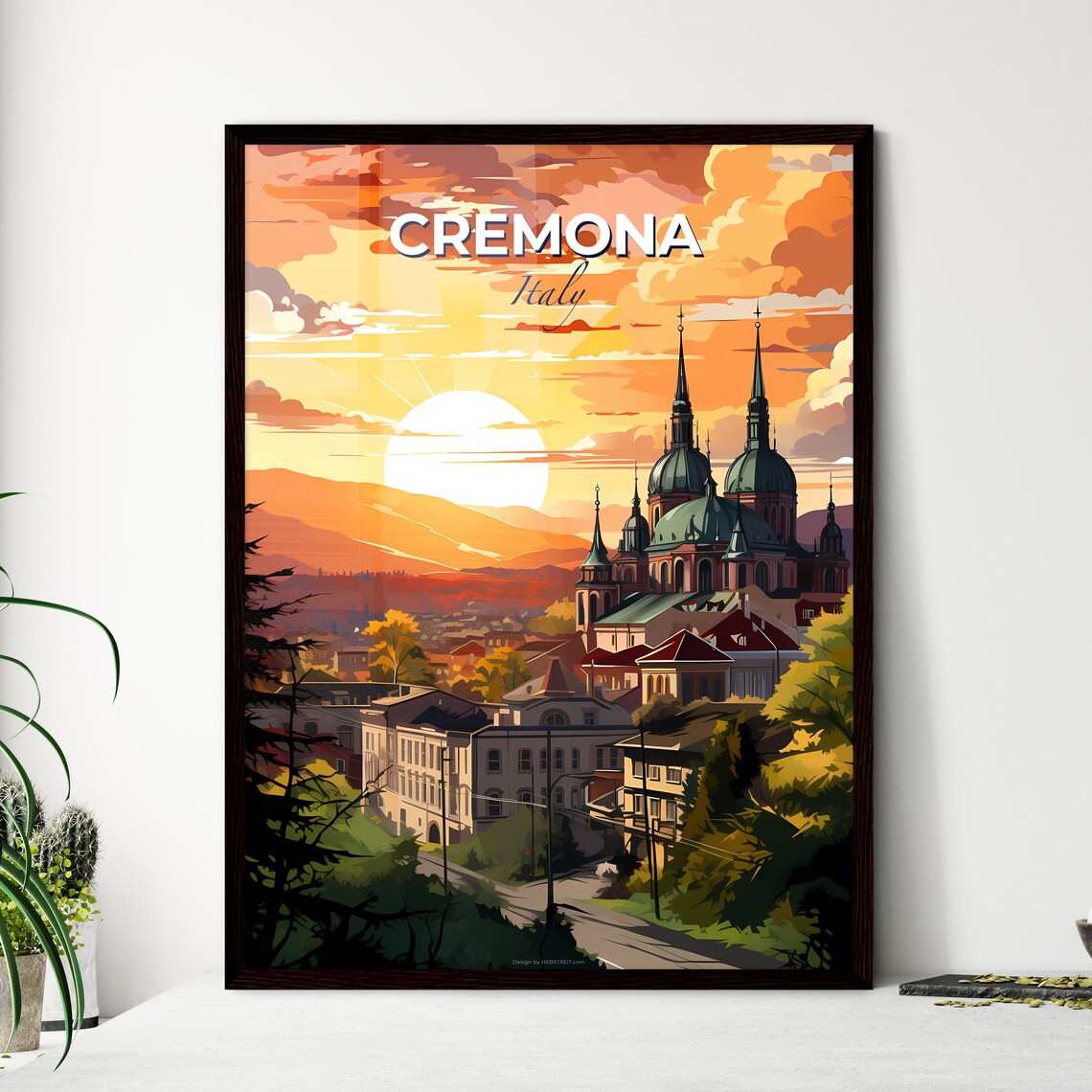 Cremona Italy Domed Cathedral Sunset Cityscape Vintage Travel Poster