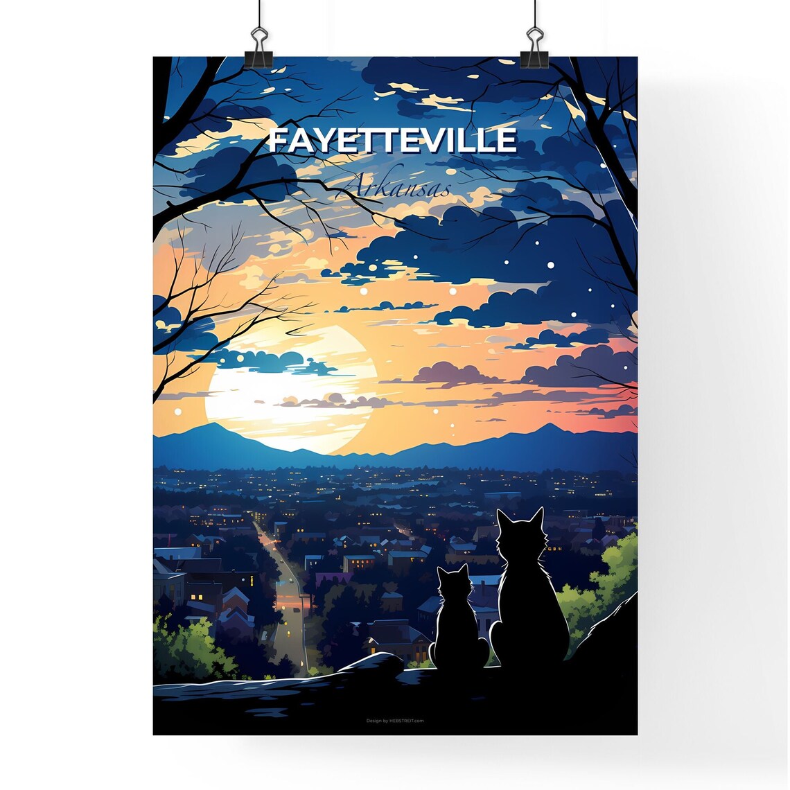Fayetteville Arkansas Night City View With Two Cats Silhouette Poster - Image 4