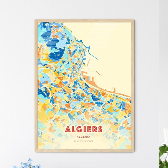 Algiers Algeria City Map Abstract Blue Orange Modern Art Print