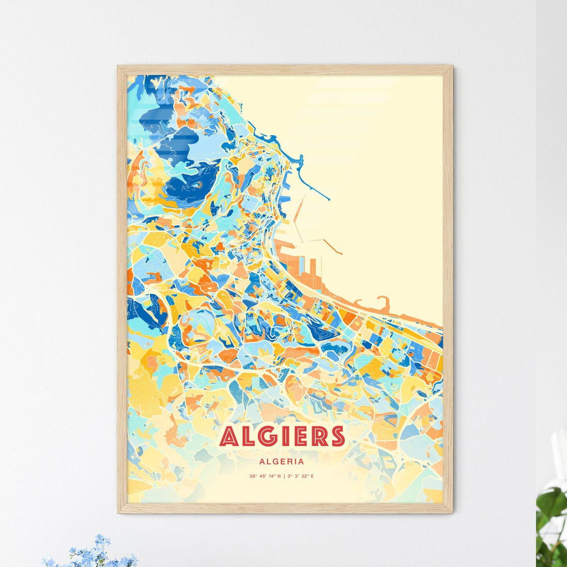 Algiers Algeria City Map Abstract Blue Orange Modern Art Print