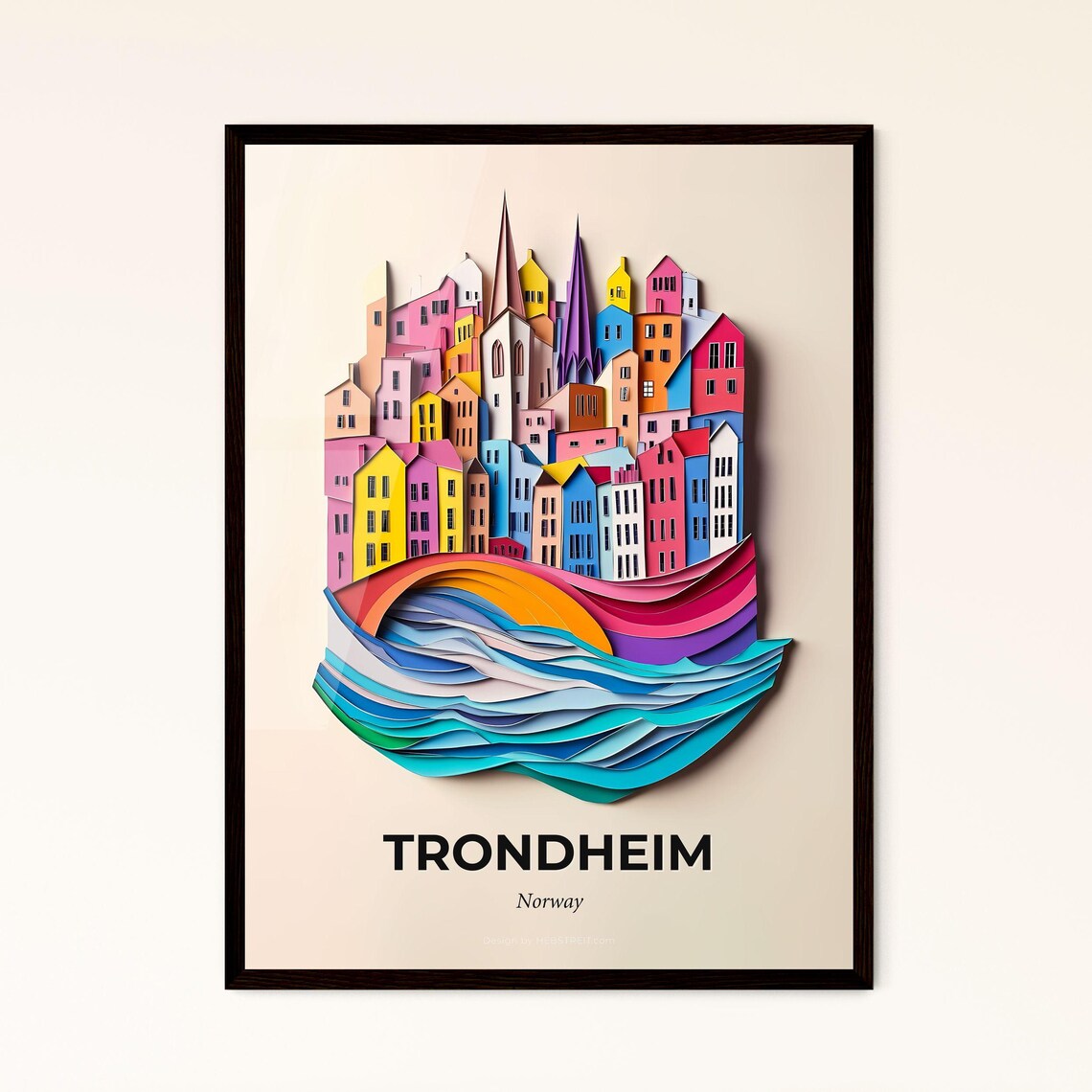 Trondheim Norway Harbor Houses Colorful Paper Cut Art Poster