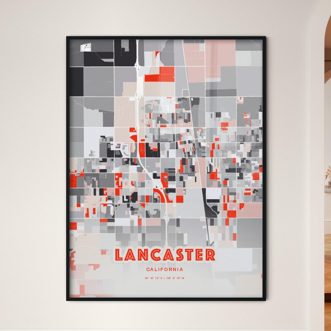 Lancaster California Modern Map Art Poster Red Gray Minimalist Style