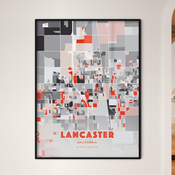 Lancaster California Modern Map Art Poster Red Gray Minimalist Style