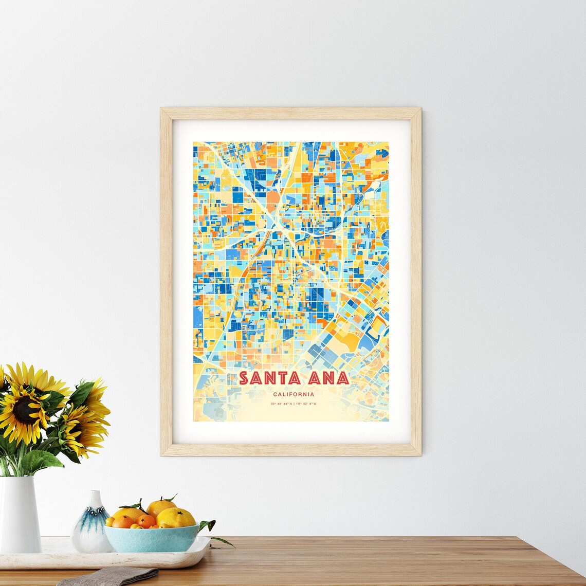 Santa Ana California Colorful Blue Orange City Street Map Art Poster - Image 2