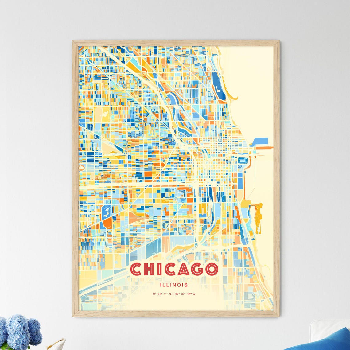 Chicago Illinois Bold Vibrant Blue Orange Mosaic City Map Poster