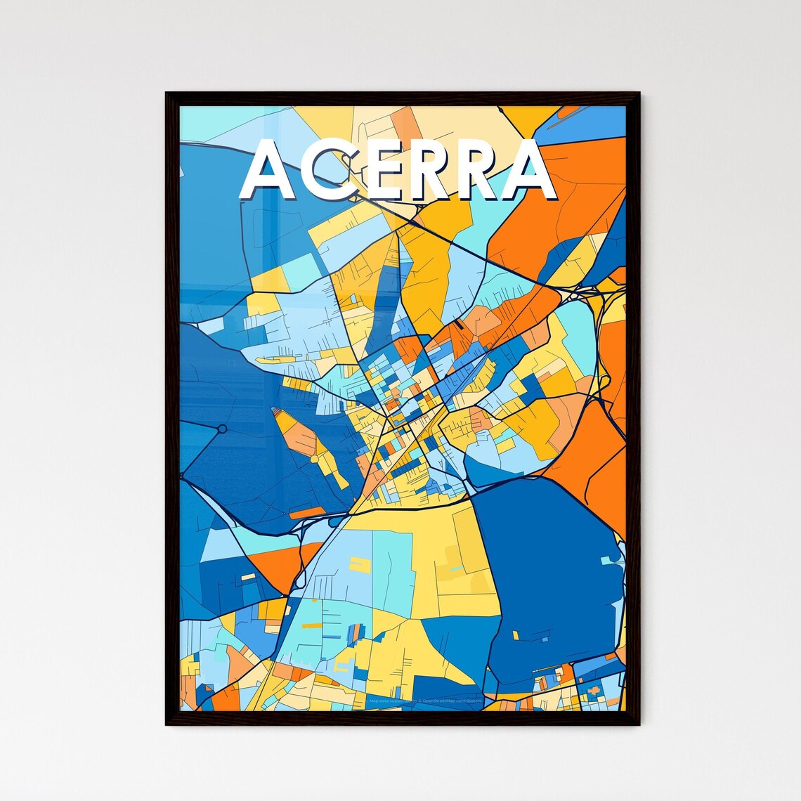 Acerra Italy Bold Geometric City Map Art Poster in Blue and Orange