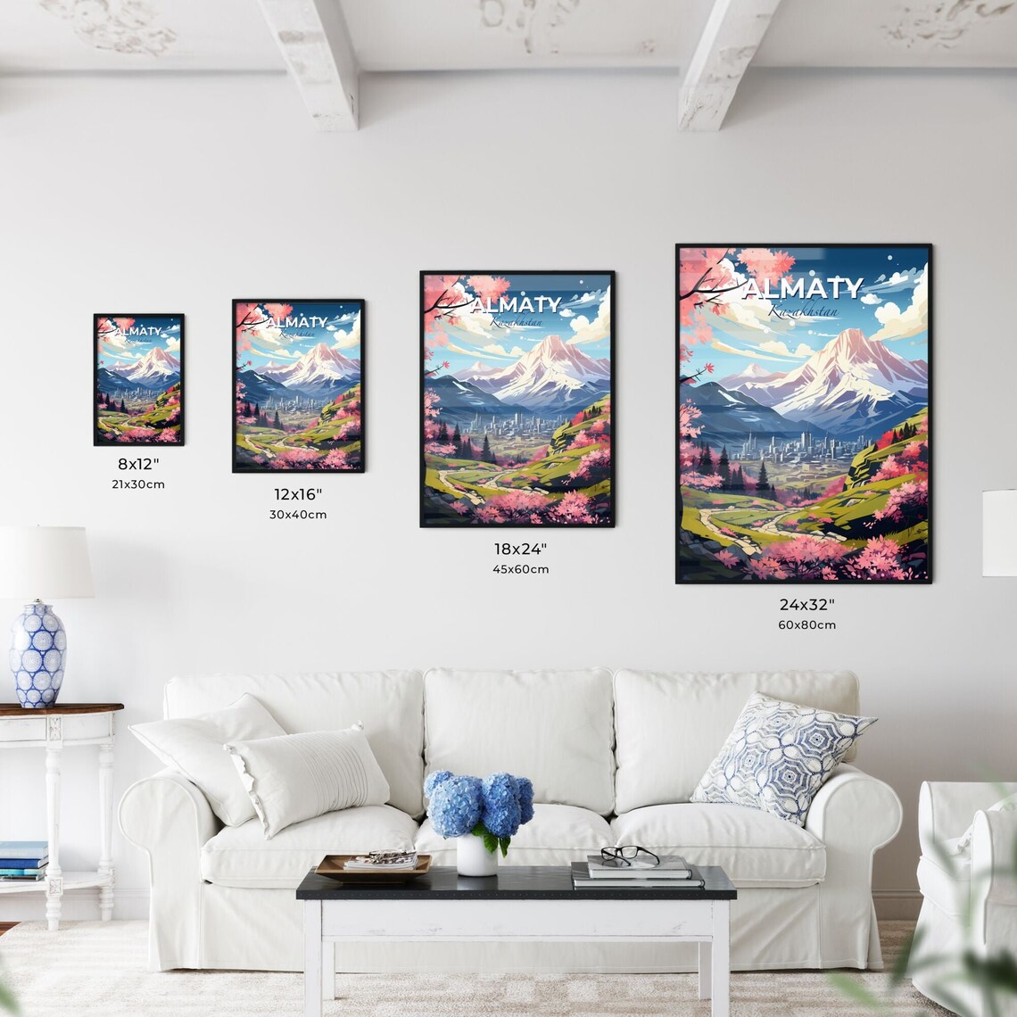 Almaty Kazakhstan Snow Capped Mountain Cherry Blossom Travel Poster - Image 3