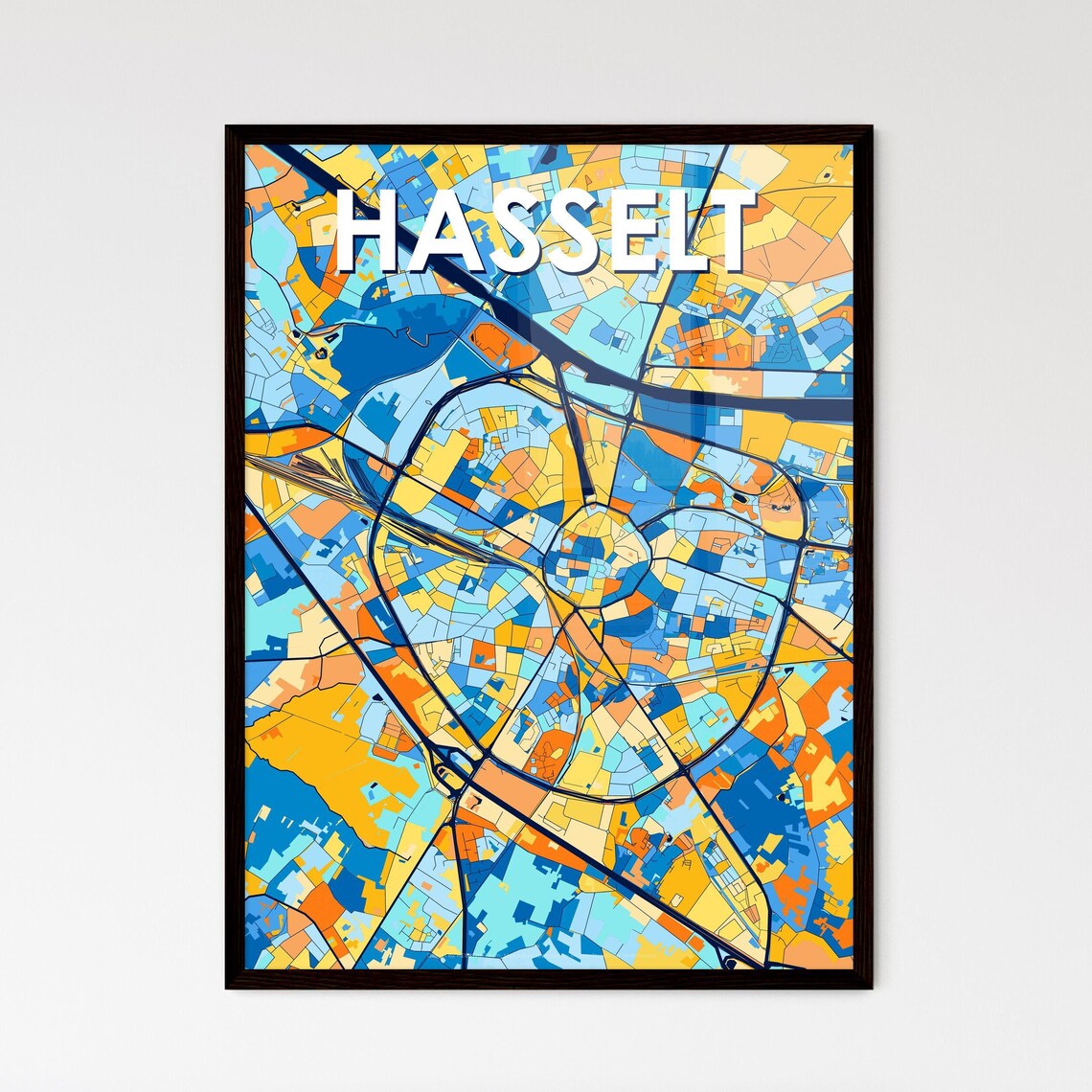 Hasselt Belgium Bold Geometric City Map Art Poster in Blue and Orange