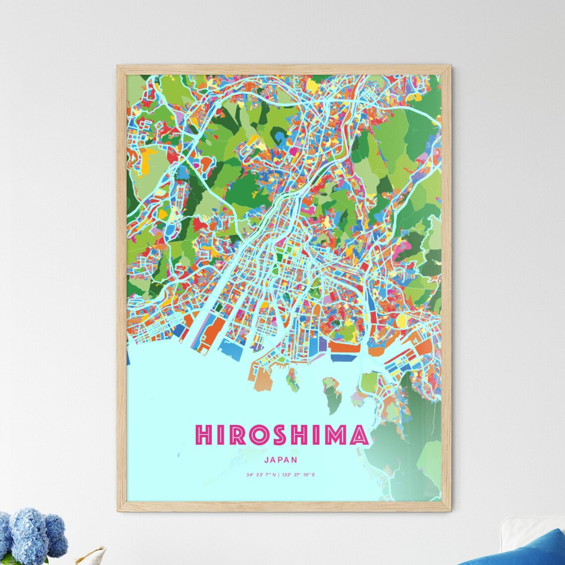 Hiroshima Japan Colorful City Map Art Poster in Pink and Turquoise