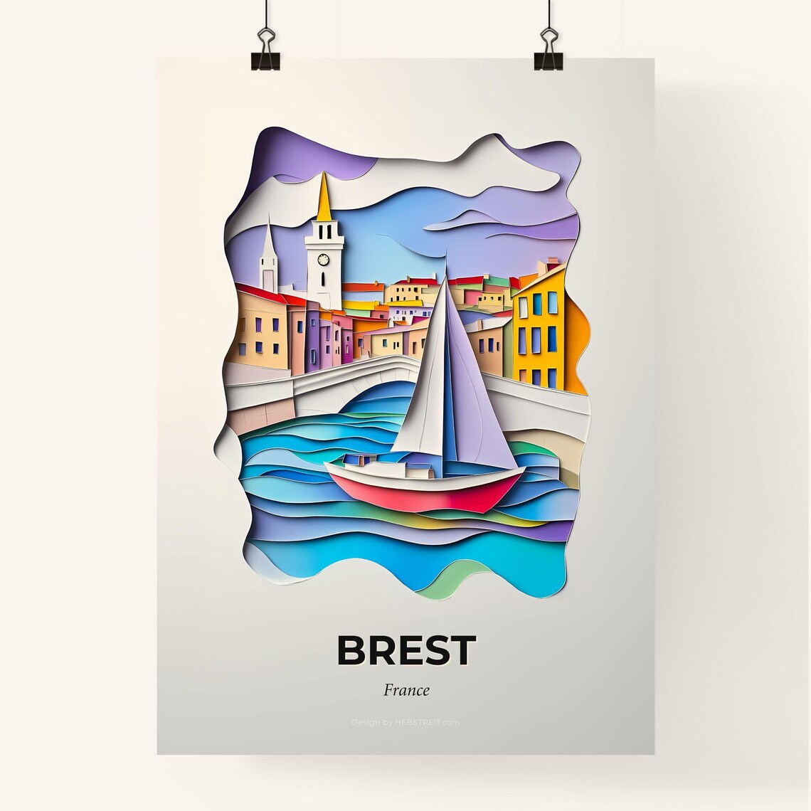 Brest France Colorful Harbor 3D Paper Cut Sailboat Town Art Poster - Image 4
