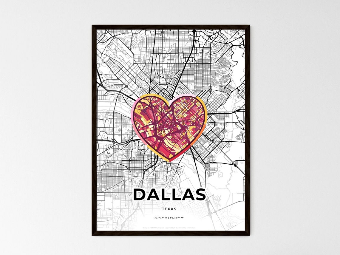 Dallas Texas Minimal Map Art With Colorful Heart Icon Poster
