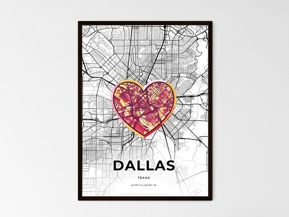 Dallas Texas Minimal Map Art With Colorful Heart Icon Poster