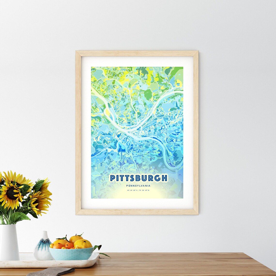 Pittsburgh Pennsylvania Aqua Blue Watercolor City Street Map Art Poster - Image 2