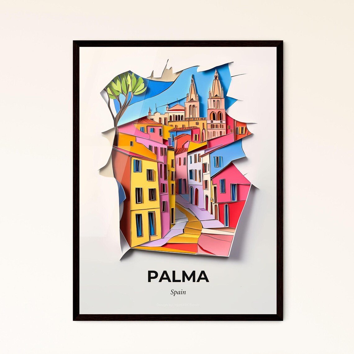 Palma Spain Colorful Old Town Cathedral 3D Paper Cut Art Poster