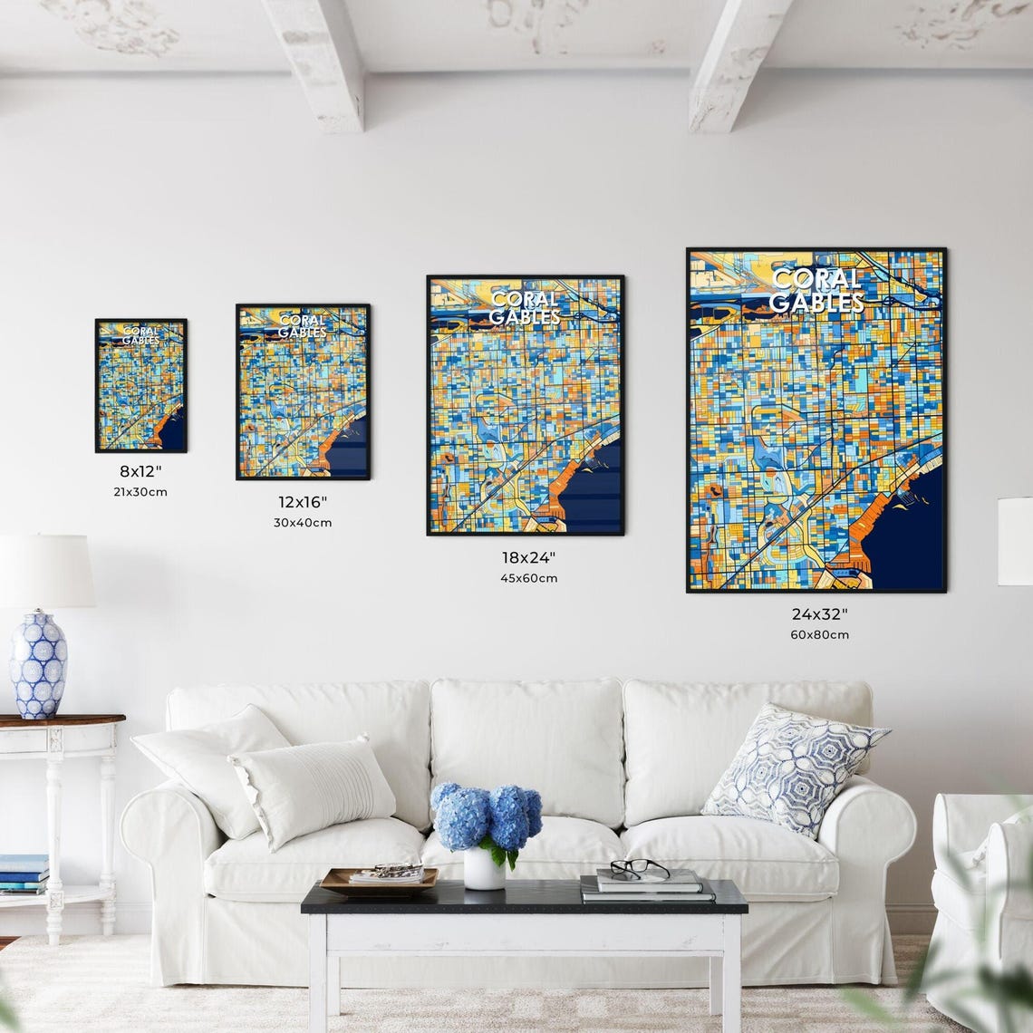 Coral Gables Florida Vibrant Blue and Orange City Map Poster - Image 3