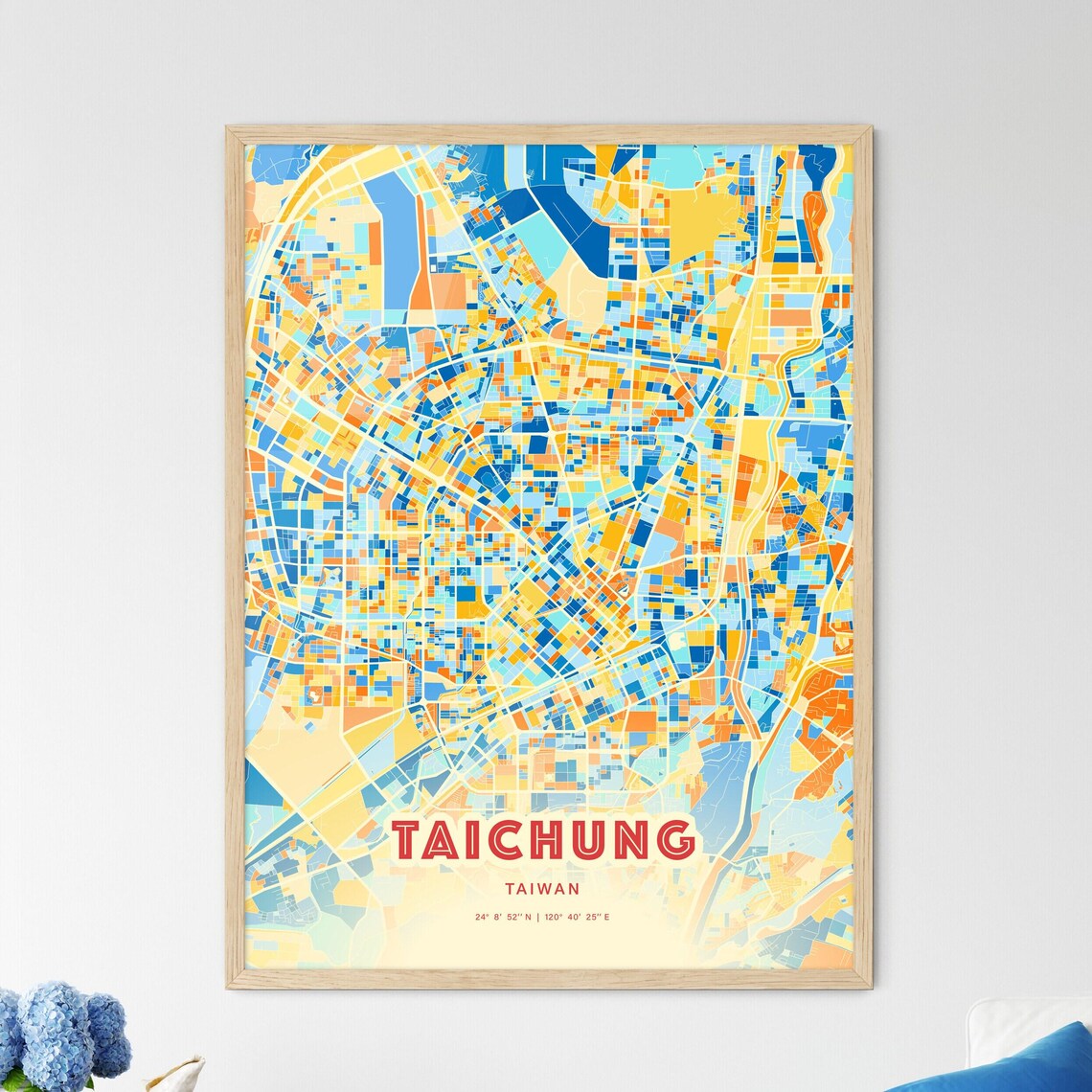Taichung Taiwan Colorful City Map Poster Blue Orange Vibrant Wall Decor