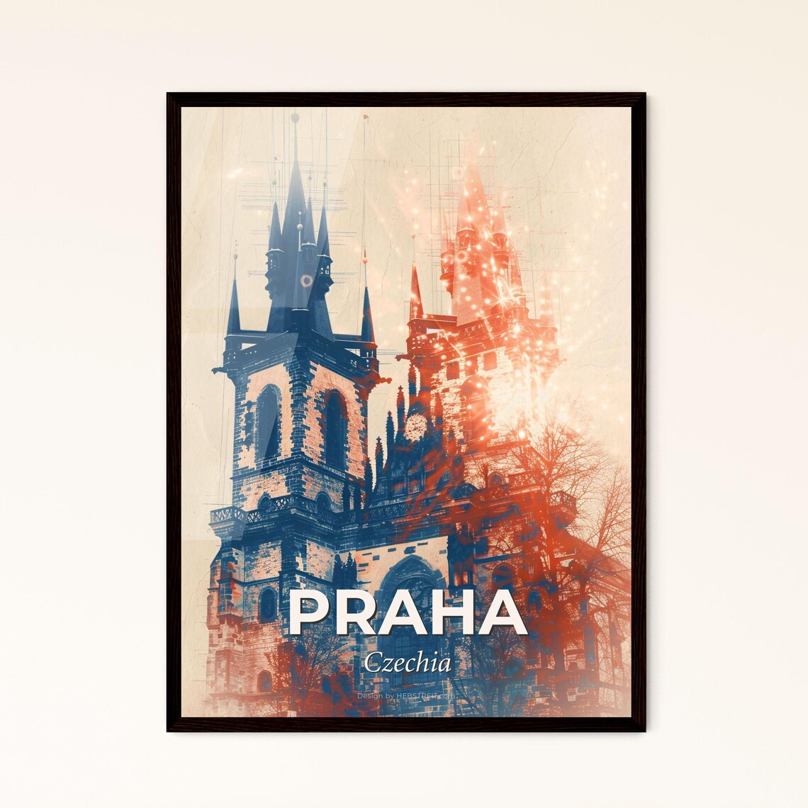 Praha Czechia Gothic Church Twin Towers Red Blue City Art Poster