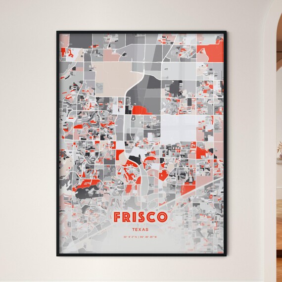 Frisco Texas Expressive Red Abstract Modern City Map Art Poster