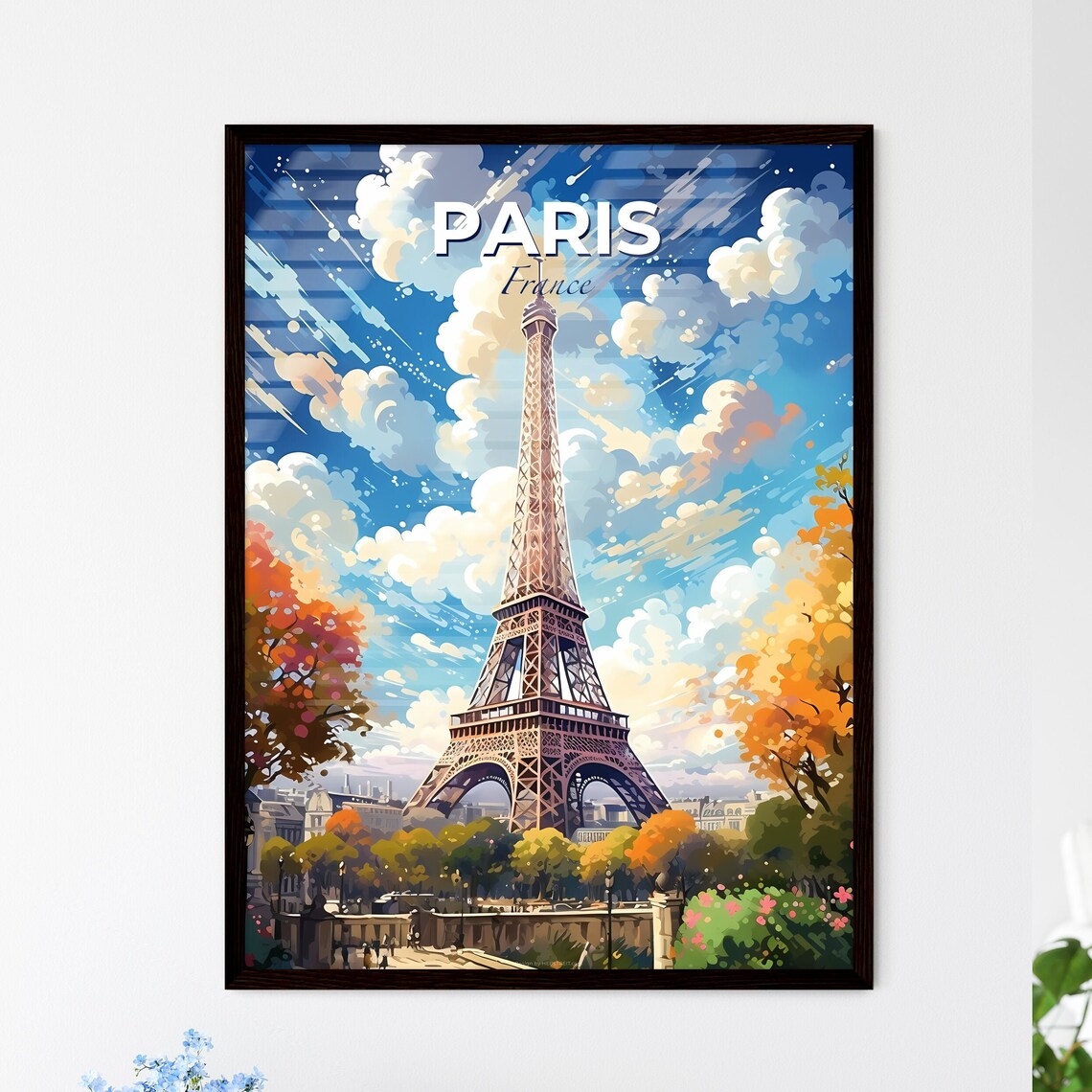 Paris France Poster Eiffel Tower Illustrated Autumn Travel Skyline Art