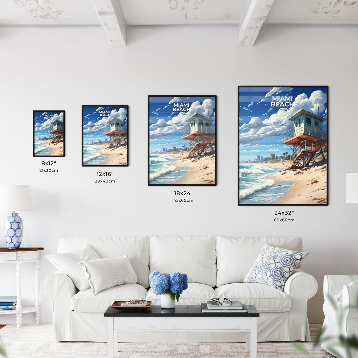 Miami Beach Florida Lifeguard Tower Ocean Waves Sand Art Poster - Image 3