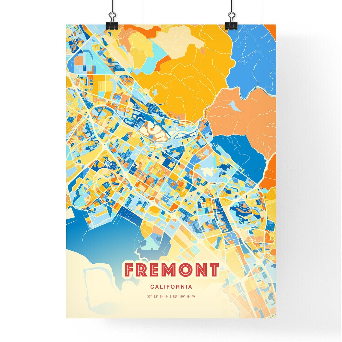 Fremont California Vibrant Colorful Blue Orange City Map Art Poster - Image 3