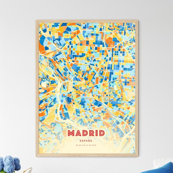 Madrid Spain Colorful City Map Art in Blue Orange Blocks Poster