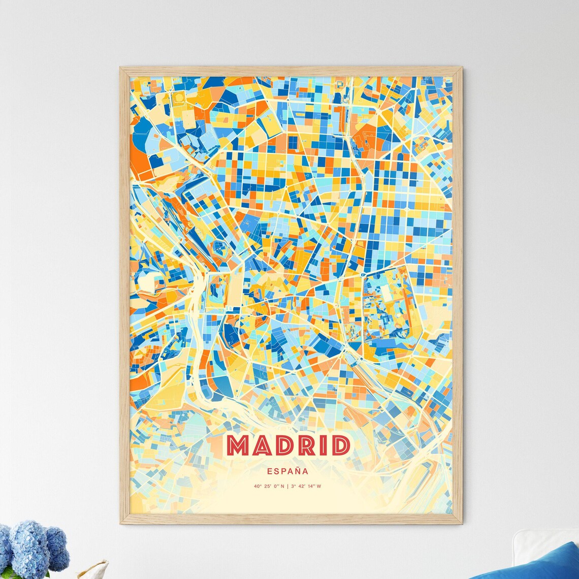 Madrid Spain Colorful City Map Art in Blue Orange Blocks Poster