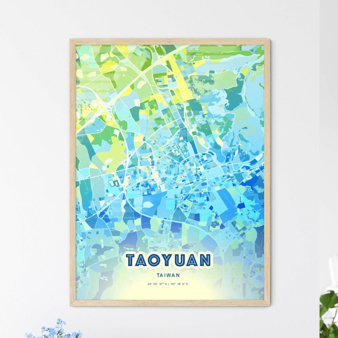 Taoyuan Taiwan Pastel Blue City Map Art with Coordinates Poster