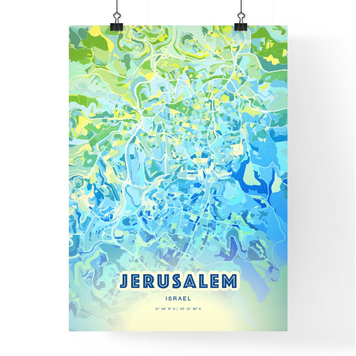 Jerusalem Israel Bluish Green and Blue Street Map City Art Poster - Image 3