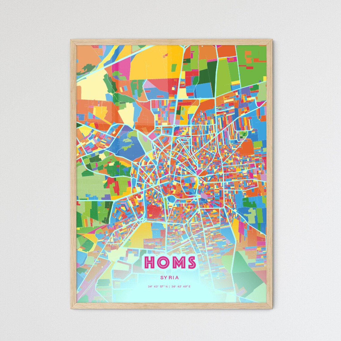 Homs Syria Striking Crazy Colorful Mosaic City Map Art Poster