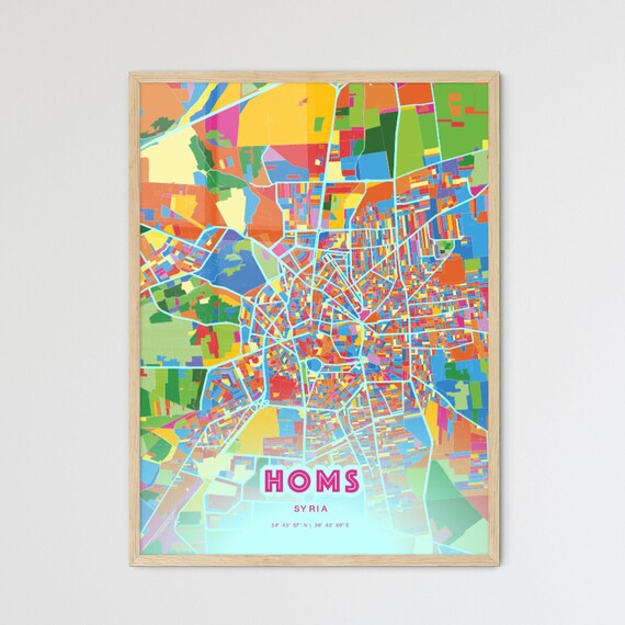 Homs Syria Striking Crazy Colorful Mosaic City Map Art Poster