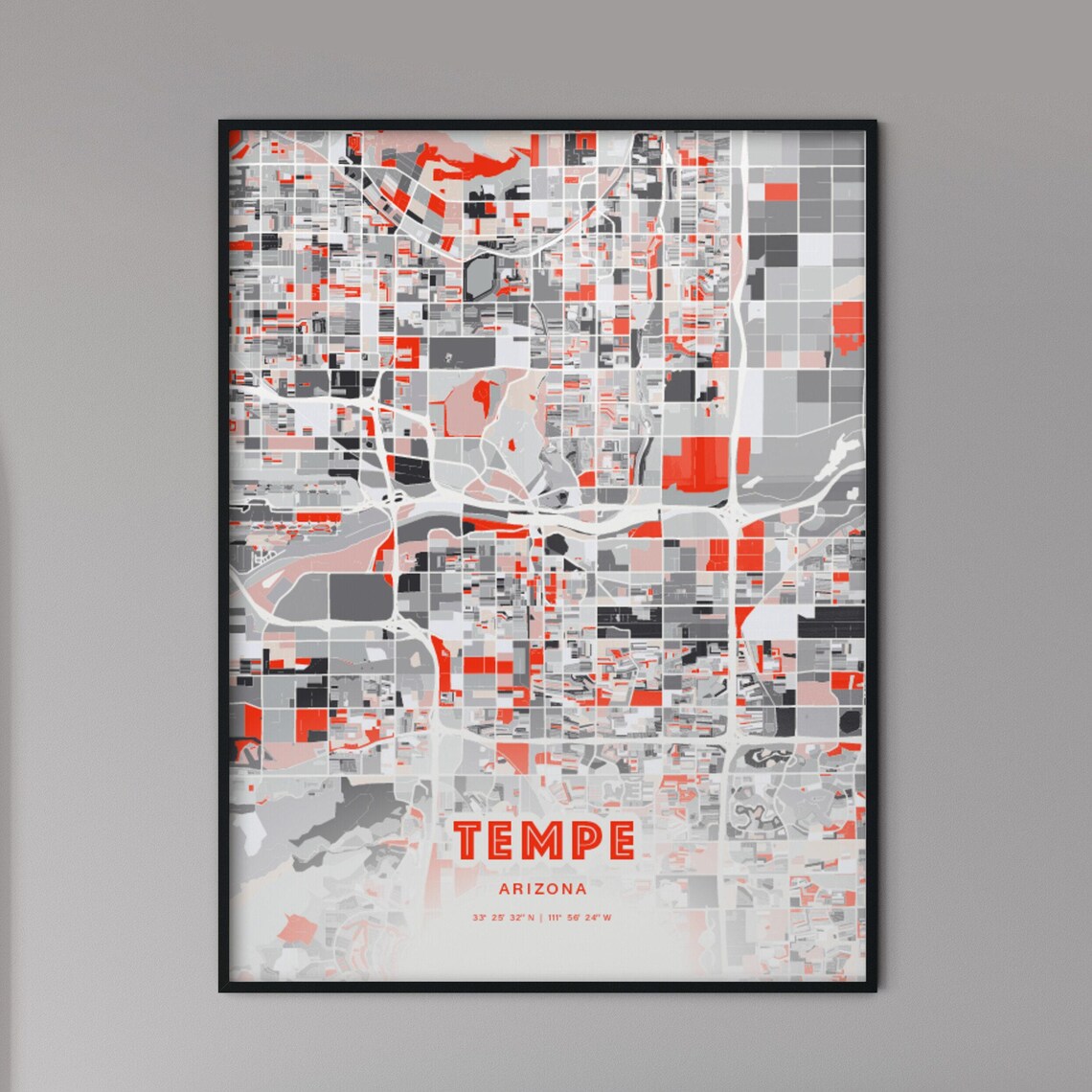 Tempe Arizona City Map Art Modern Red Gray Coordinate Poster