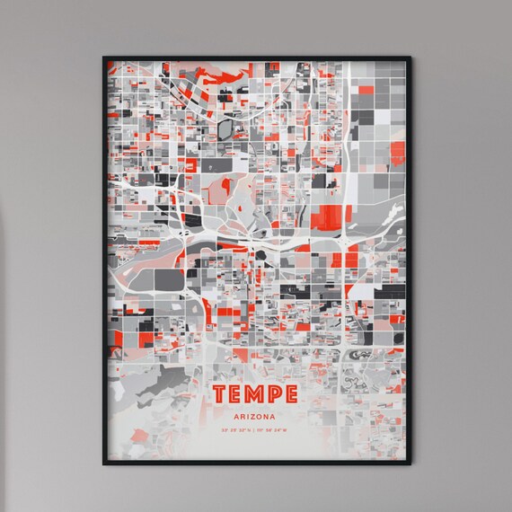 Tempe Arizona City Map Art Modern Red Gray Coordinate Poster