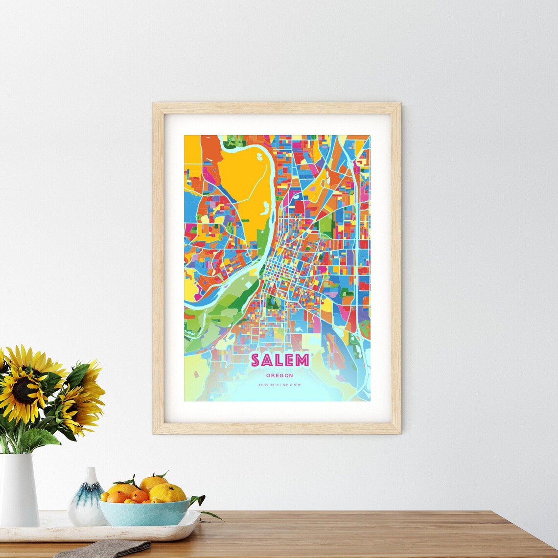 Salem Oregon Modern Crazy Colorful Mosaic City Map Art Poster - Image 2